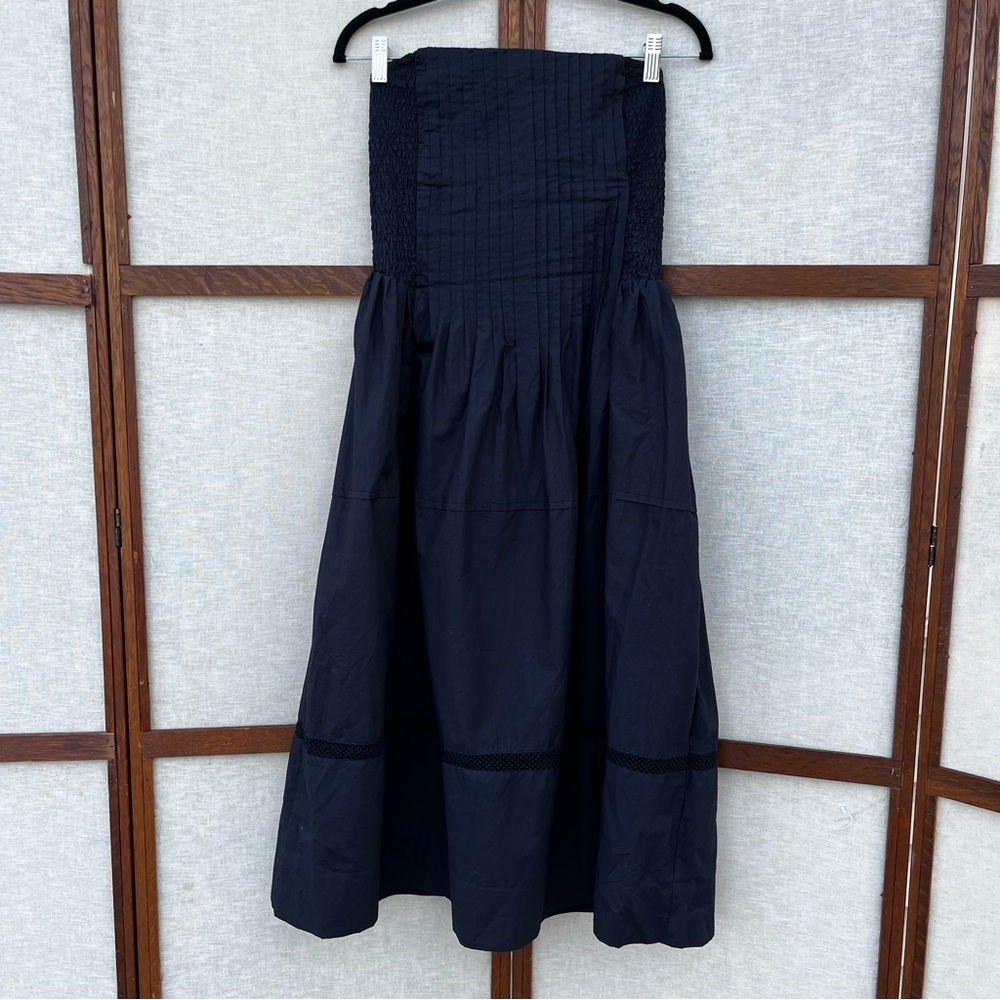 Anthropologie Black Cotton Poplin Strapless Smocked Pintuck Midi Dress - Medium - Picture 6 of 16